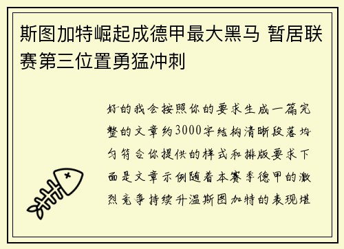斯图加特崛起成德甲最大黑马 暂居联赛第三位置勇猛冲刺